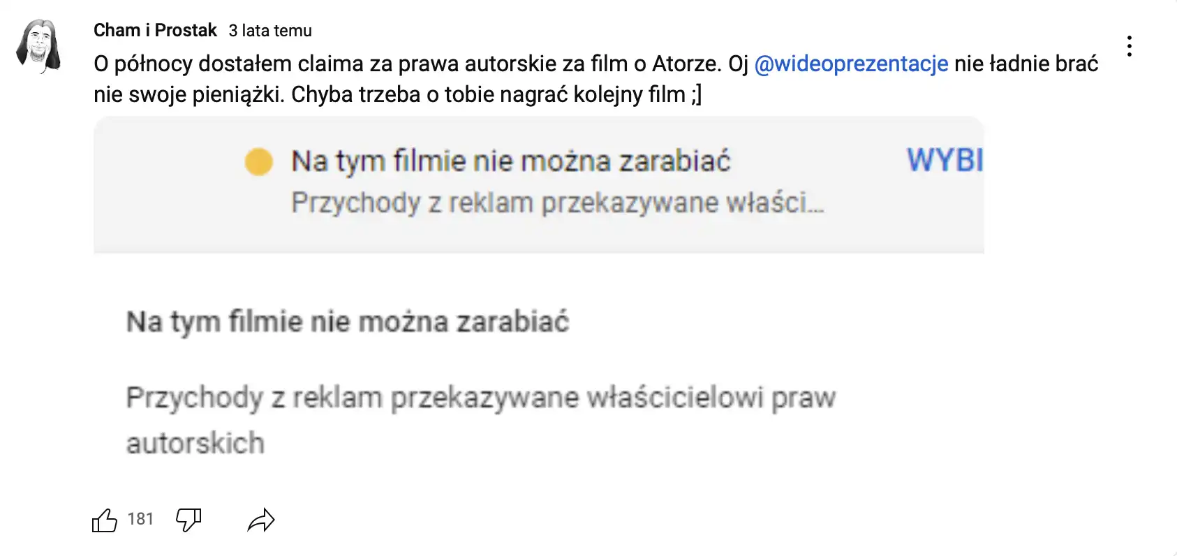 Claim na kanale Woglana (Cham i Prostak) wysłany przez sieć partnerską Atora