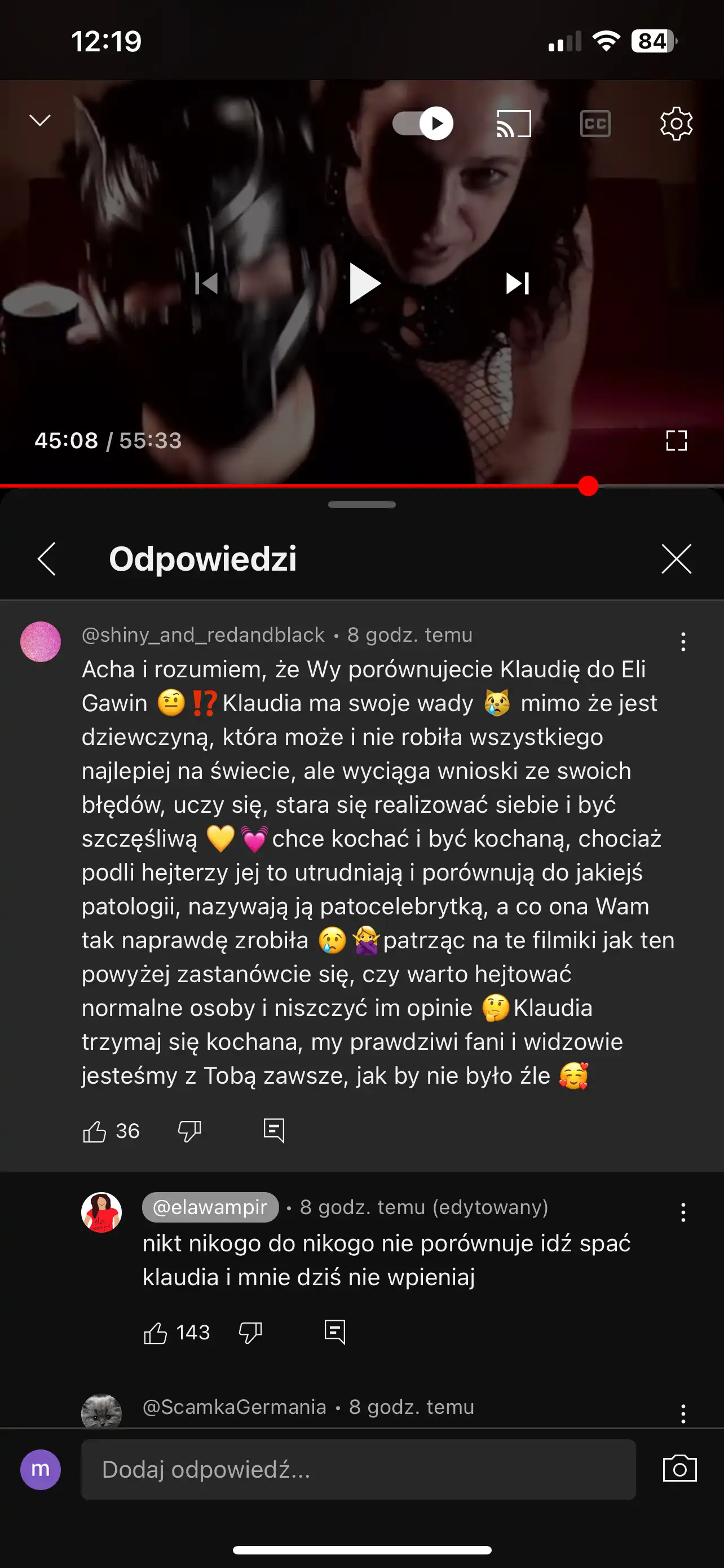 Komentarz fejk kont na kanale Eli Wampir