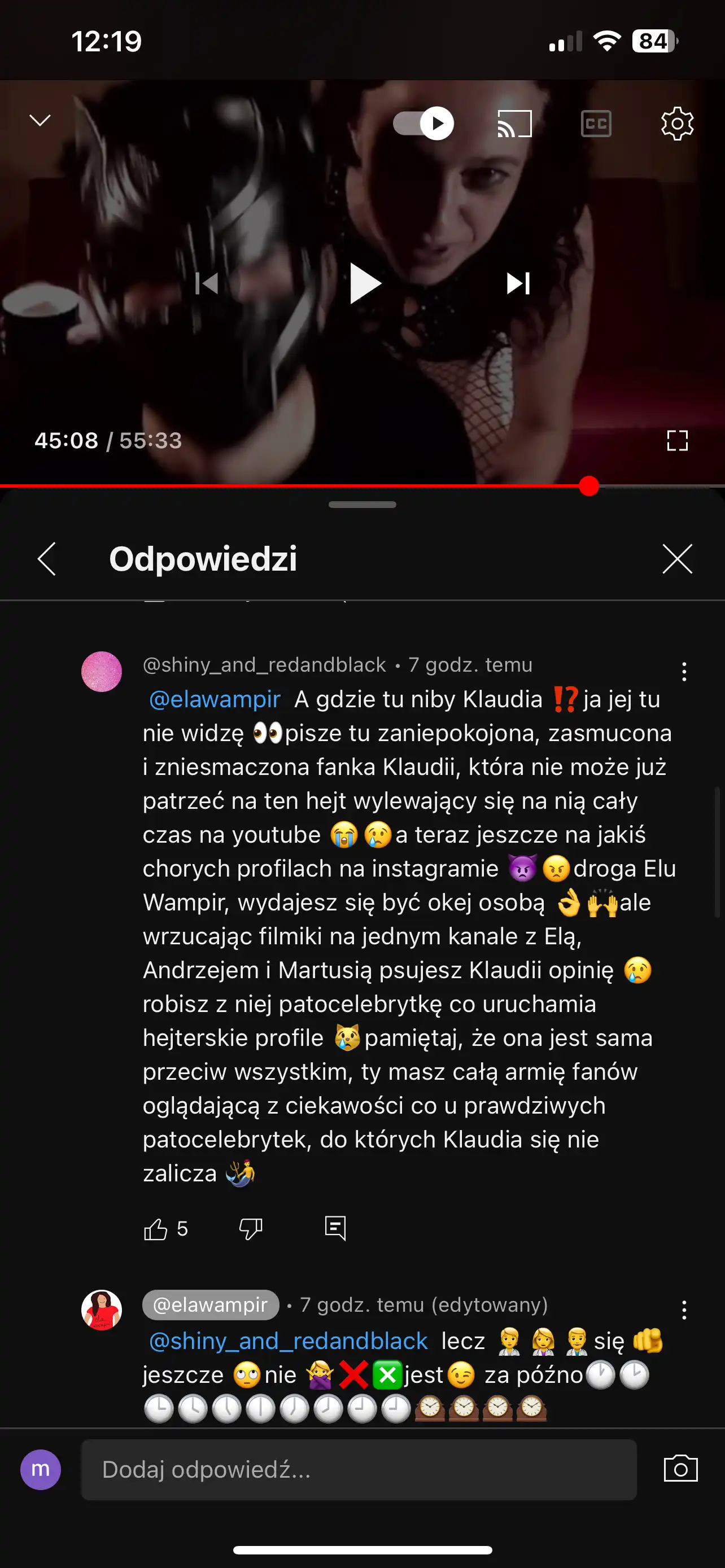 Komentarz fejk kont na kanale Eli Wampir