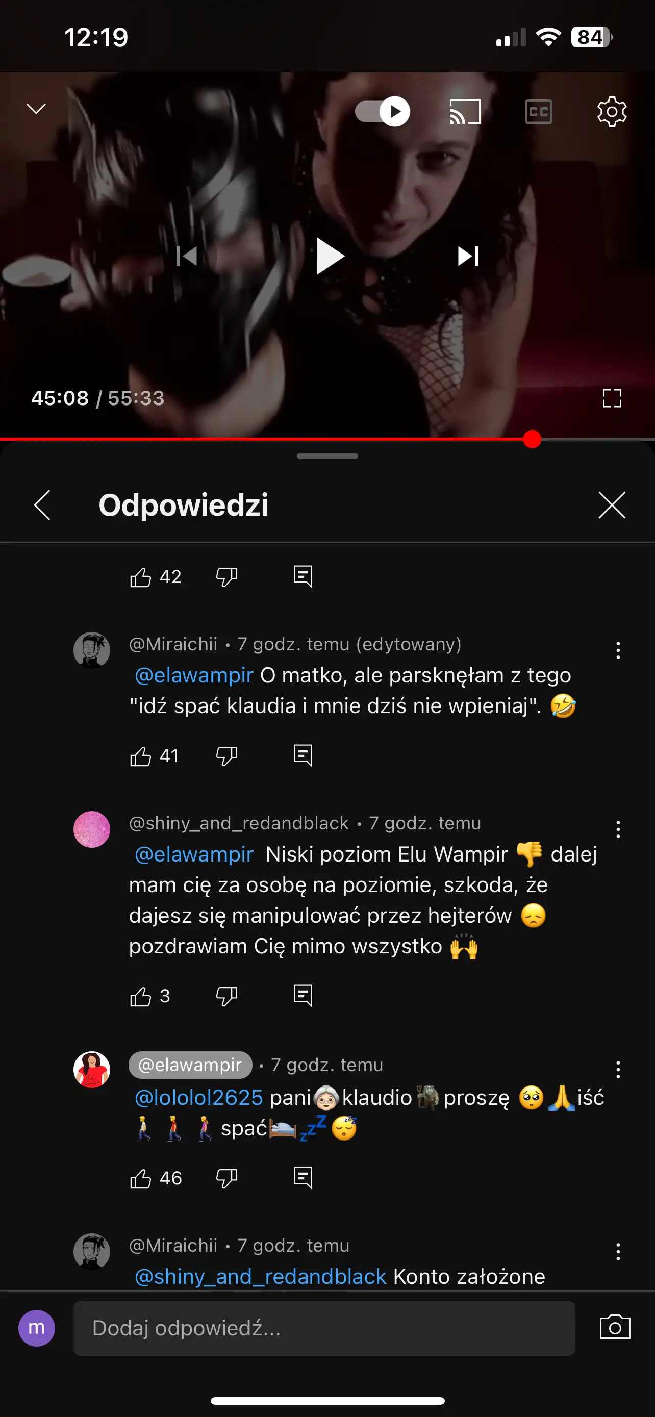 Komentarz fejk kont na kanale Eli Wampir